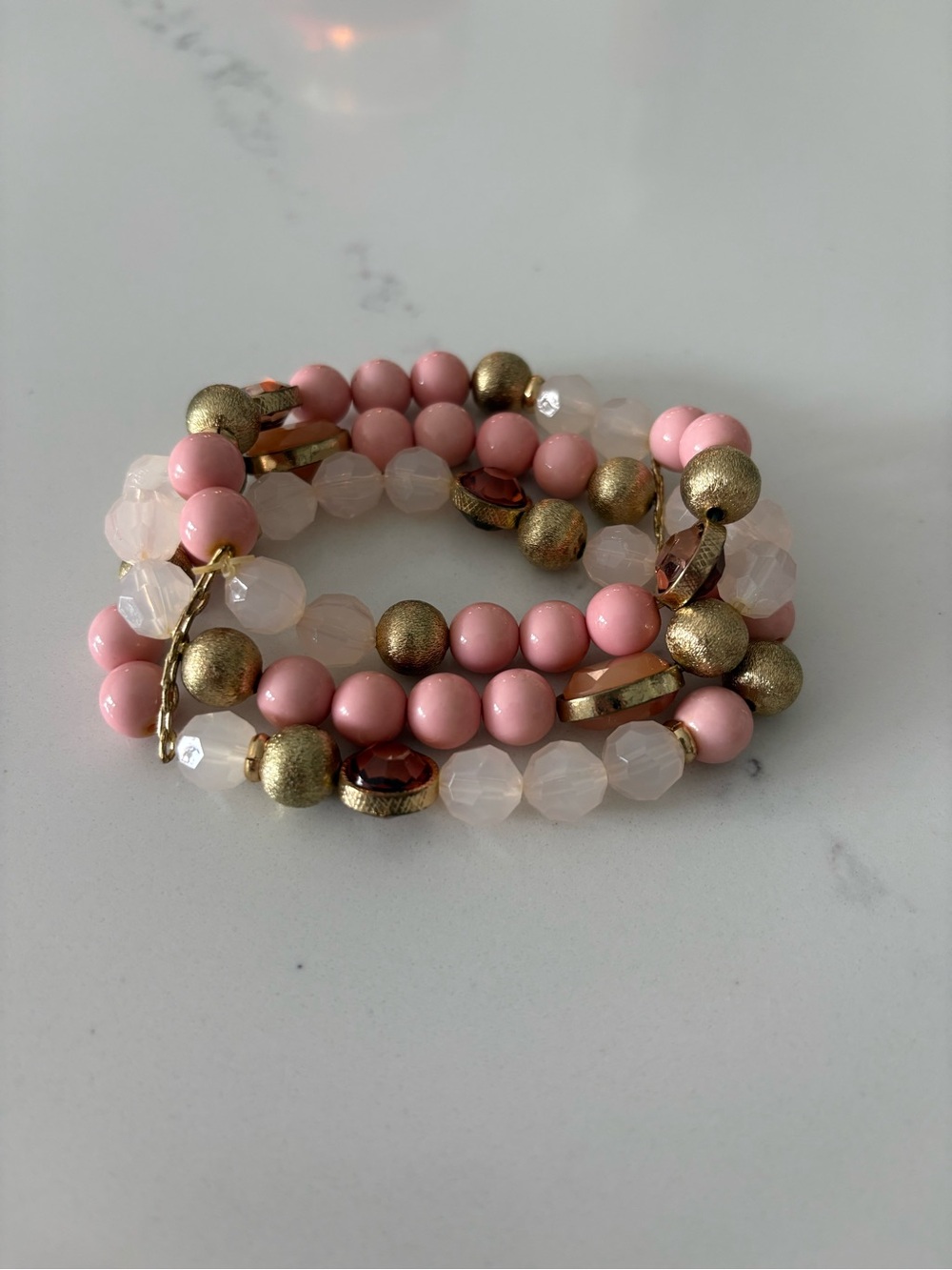 Pink & Gold Beaded Stretch Bracelet Set | 4-Piece Stack | Item 0386